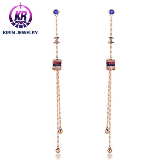 Wholesale 18K Gold Colorful Gemstone Long Tassel Dangle Stud Earrings