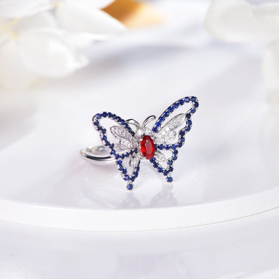Wholesale 18K Gold Created Ruby & Sapphire Gemstone Butterfly Ring​