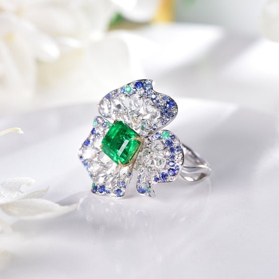 Wholesale 18K Gold Created Sapphire Emerald Diamond Flower Wedding Rings