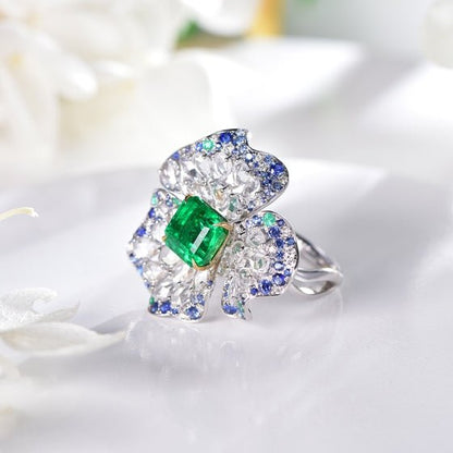 Wholesale 18K Gold Created Sapphire Emerald Diamond Flower Wedding Rings