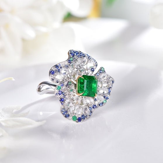 Wholesale 18K Gold Created Sapphire Emerald Diamond Flower Wedding Rings