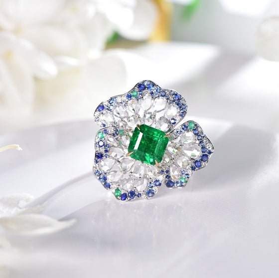 Wholesale 18K Gold Created Sapphire Emerald Diamond Flower Wedding Rings
