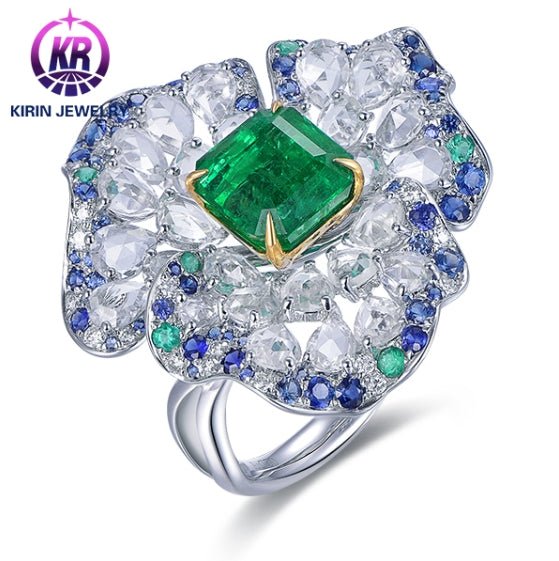 Wholesale 18K Gold Created Sapphire Emerald Diamond Flower Wedding Rings