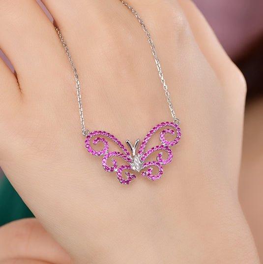 Wholesale 18K Gold Lab Created Diamond & Ruby Butterfly Necklace for Women
