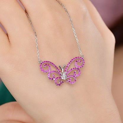 Wholesale 18K Gold Lab Created Diamond & Ruby Butterfly Necklace for Women