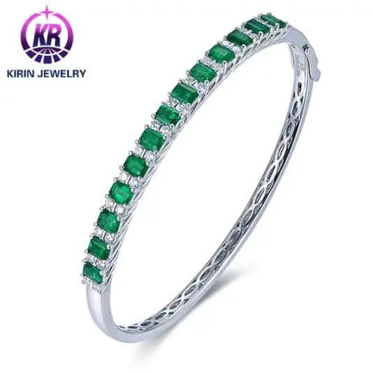Wholesale 18K Gold Lab Created Green Emerald Open Cuff Bangle