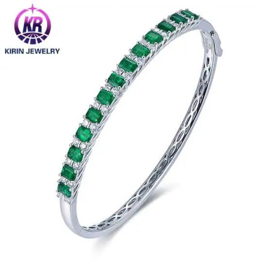 Wholesale 18K Gold Lab Created Green Emerald Open Cuff Bangle
