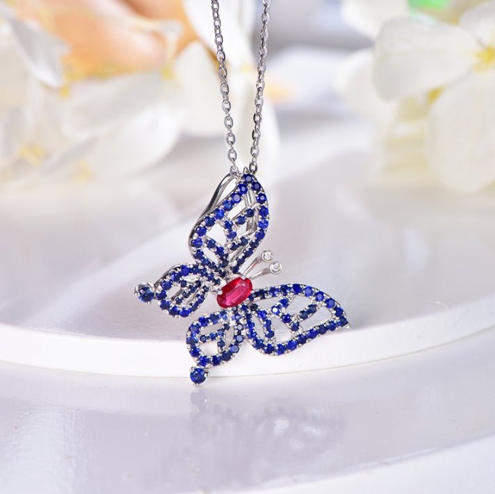 Wholesale 18K Gold Lab Created Ruby Sapphire Blue Butterfly Pendant