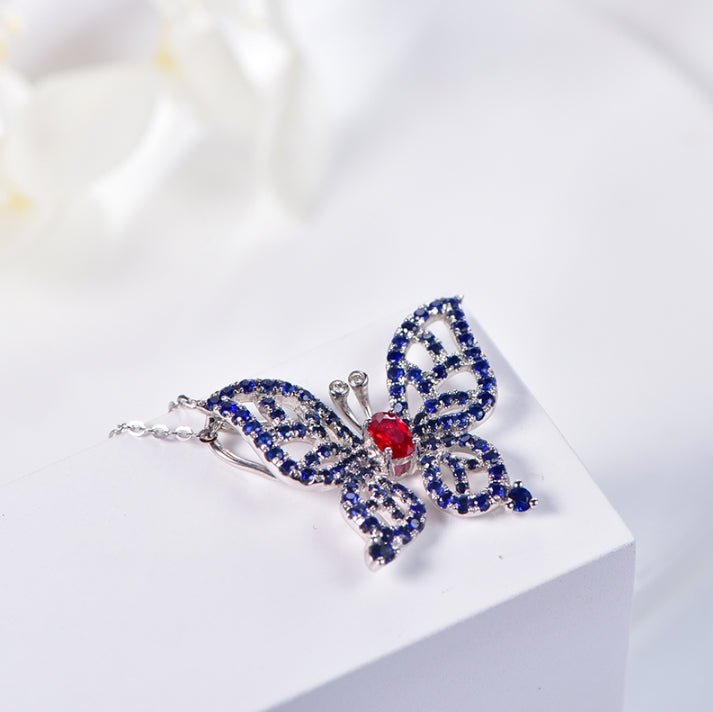 Wholesale 18K Gold Lab Created Ruby Sapphire Blue Butterfly Pendant