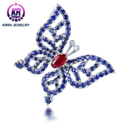 Wholesale 18K Gold Lab Created Ruby Sapphire Blue Butterfly Pendant