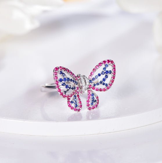 Wholesale 18K Gold Lab Created Ruby & Sapphire Vintage Butterfly Ring