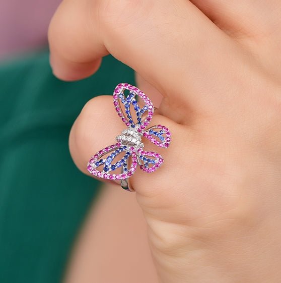 Wholesale 18K Gold Lab Created Ruby & Sapphire Vintage Butterfly Ring for Women