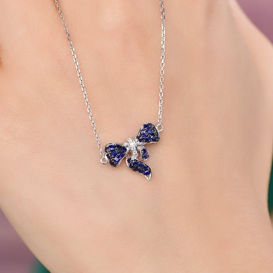 Wholesale 18K Gold Lab Created Sapphire Bow Pendant Necklace for Women