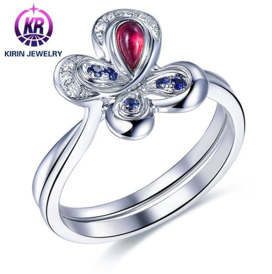 Wholesale 18K Gold Lab Created Sapphire & Ruby Dainty Butterfly Ring