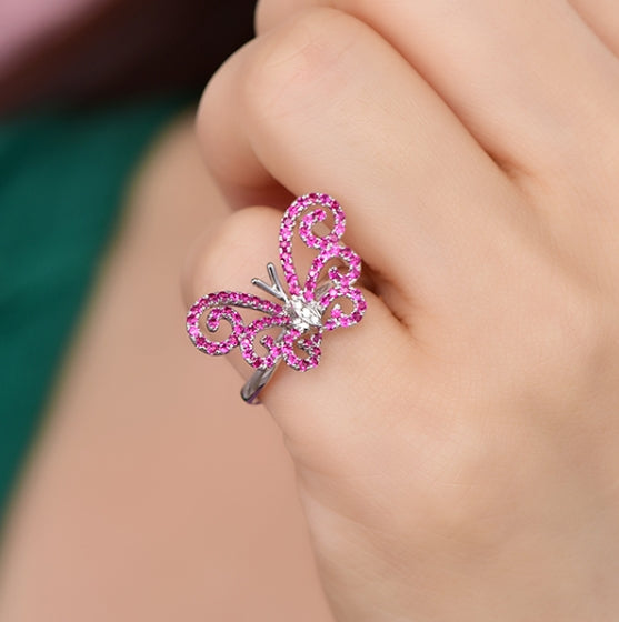 Wholesale 18K Gold Simple Lab Created Ruby Butterfly Ring for Women