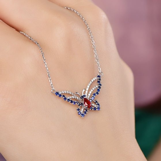 Wholesale 18K Gold Simulated Diamond Ruby Sapphire Golden Butterfly Necklace for Women