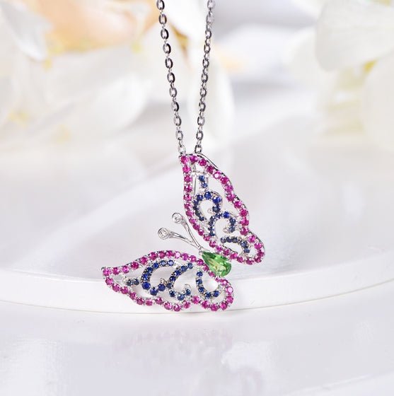 Wholesale 18K Gold Simulated Ruby Sapphire Emerald Butterfly Gemstone Necklace
