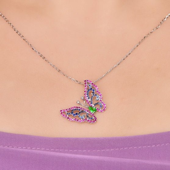 Wholesale 18K Gold Simulated Ruby Sapphire Emerald Butterfly Gemstone Necklace