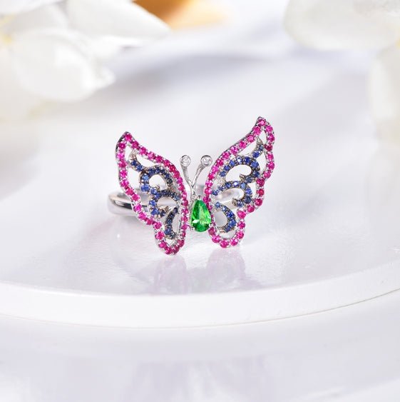 Wholesale 18K Gold Simulated Ruby Sapphire Emerald Colorful Butterfly Ring