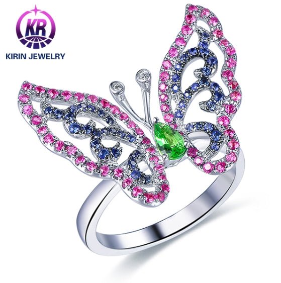 Wholesale 18K Gold Simulated Ruby Sapphire Emerald Colorful Butterfly Ring
