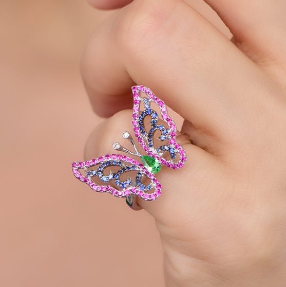 Wholesale 18K Gold Simulated Ruby Sapphire Emerald Colorful Butterfly Ring for Women