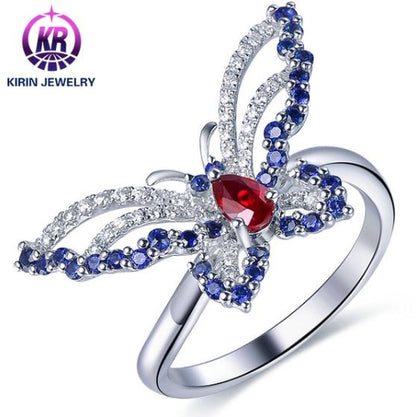 Wholesale 18K Gold Simulated Ruby & Sapphire Small Butterfly Ring