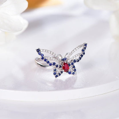 Wholesale 18K Gold Simulated Ruby & Sapphire Small Butterfly Ring