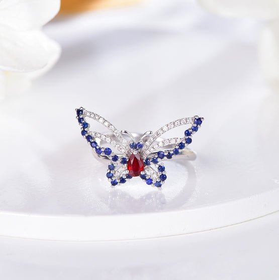 Wholesale 18K Gold Simulated Ruby & Sapphire Small Butterfly Ring