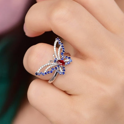 Wholesale 18K Gold Simulated Ruby & Sapphire Small Butterfly Ring for Women