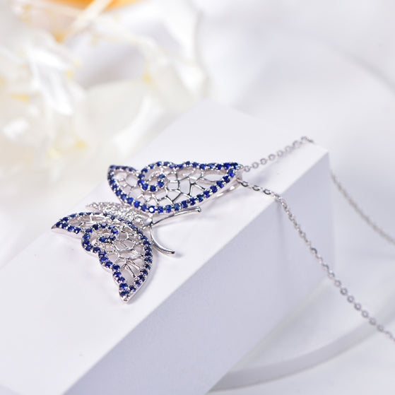 Wholesale 18K Gold Simulated Sapphire Hollow Vintage Butterfly Necklace