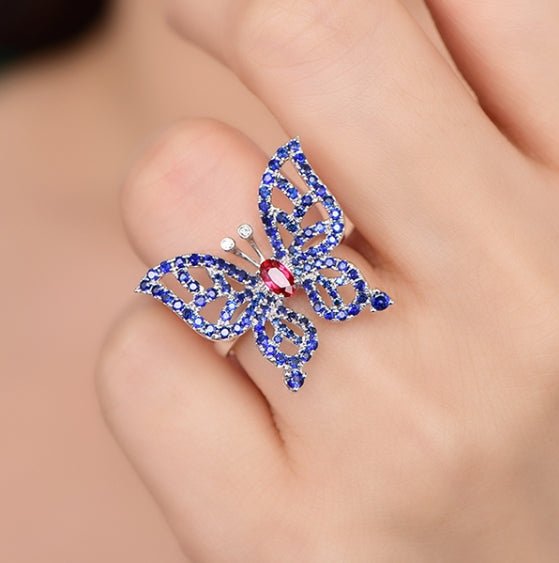 Wholesale 18K Gold Simulated Sapphire & Ruby Butterfly Promise Ring for Women