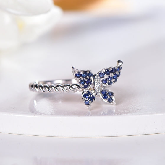 Wholesale 18K Gold Twisted Rope Band Gemstone Blue Butterfly Ring