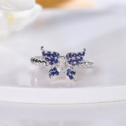 Wholesale 18K Gold Twisted Rope Band Gemstone Blue Butterfly Ring