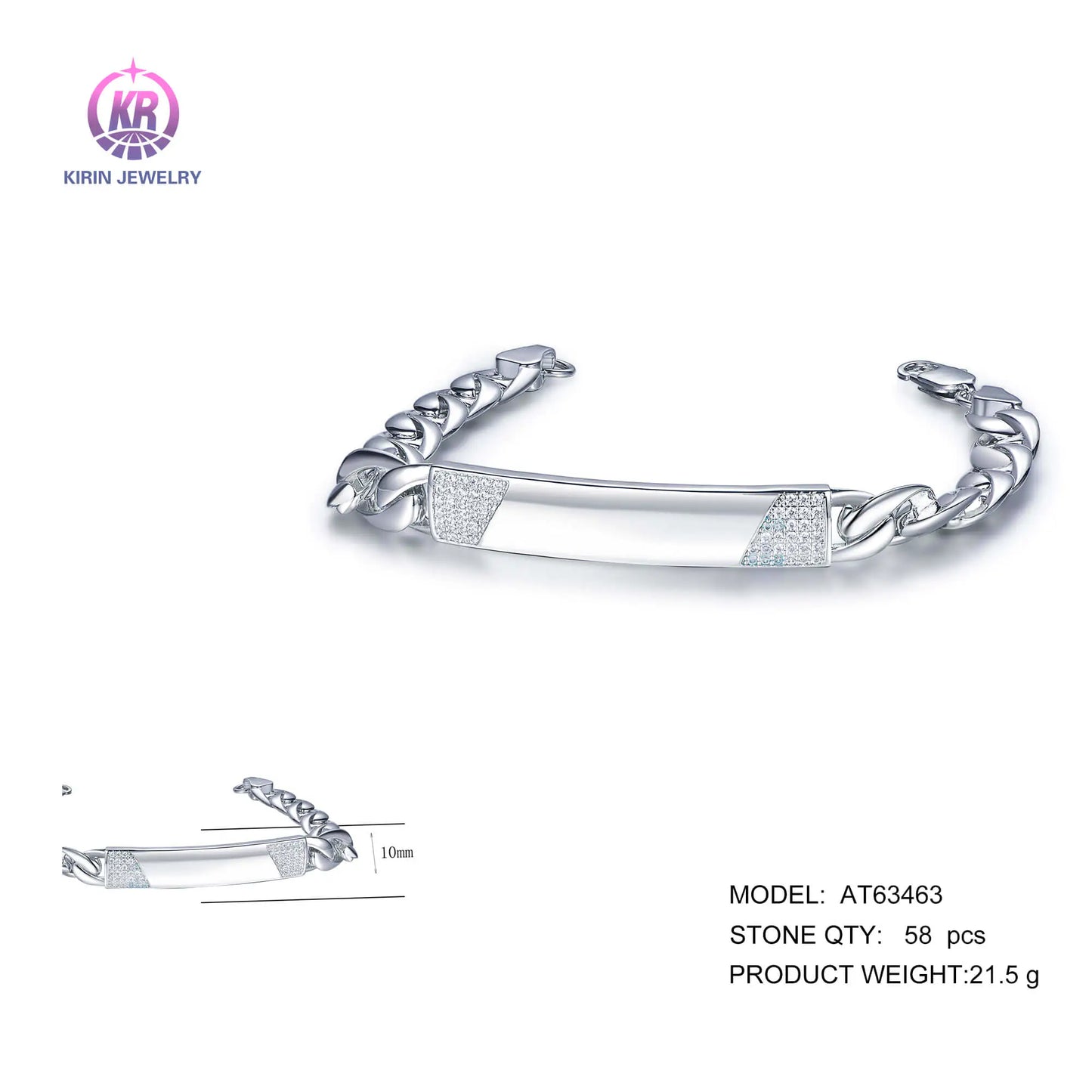 Wholesale 925 Silver CZ Curb Cuban Link Chain Personalized Bar Bracelet for Women