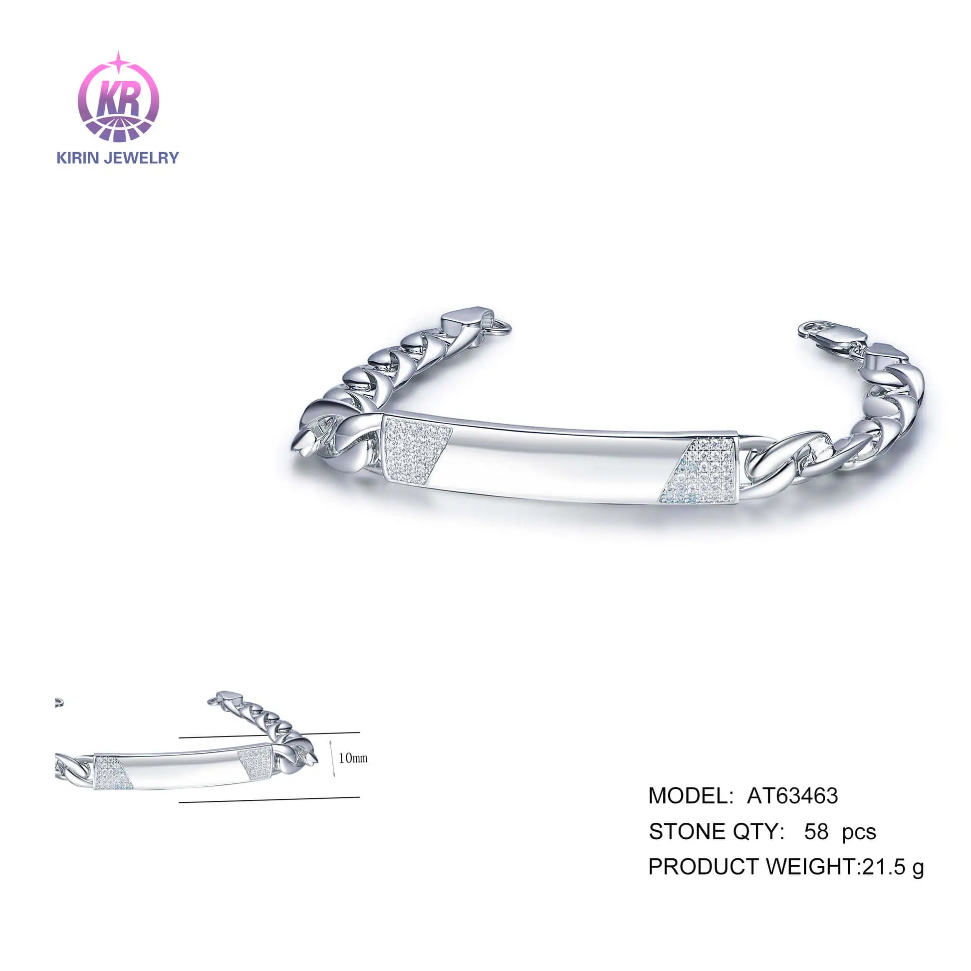 Wholesale 925 Silver CZ Curb Cuban Link Chain Personalized Bar Bracelet for Women