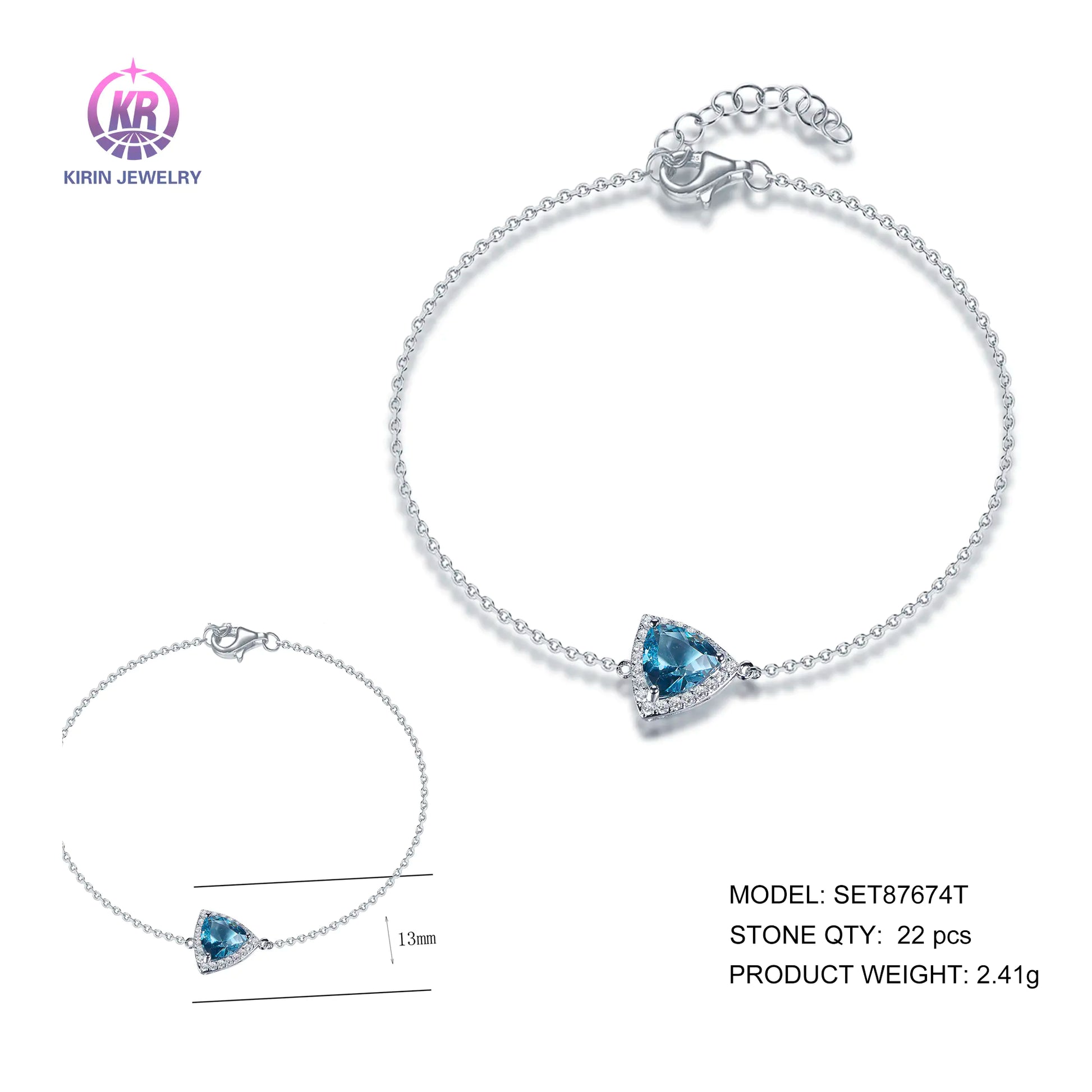Wholesale 925 Silver CZ & Glass Lab Created Blue Sapphire Bracelet for Women