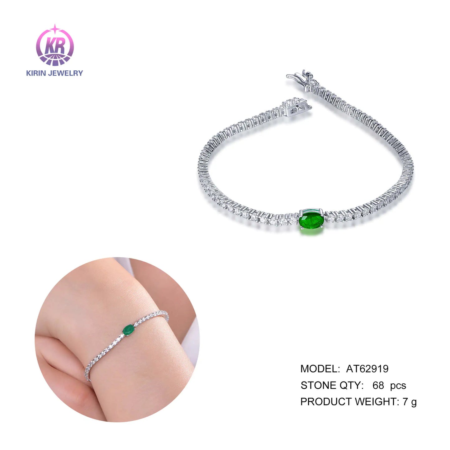 Wholesale 925 Silver CZ & Glass Oval Lab Emerald Tennis Chain Bracelet for Women