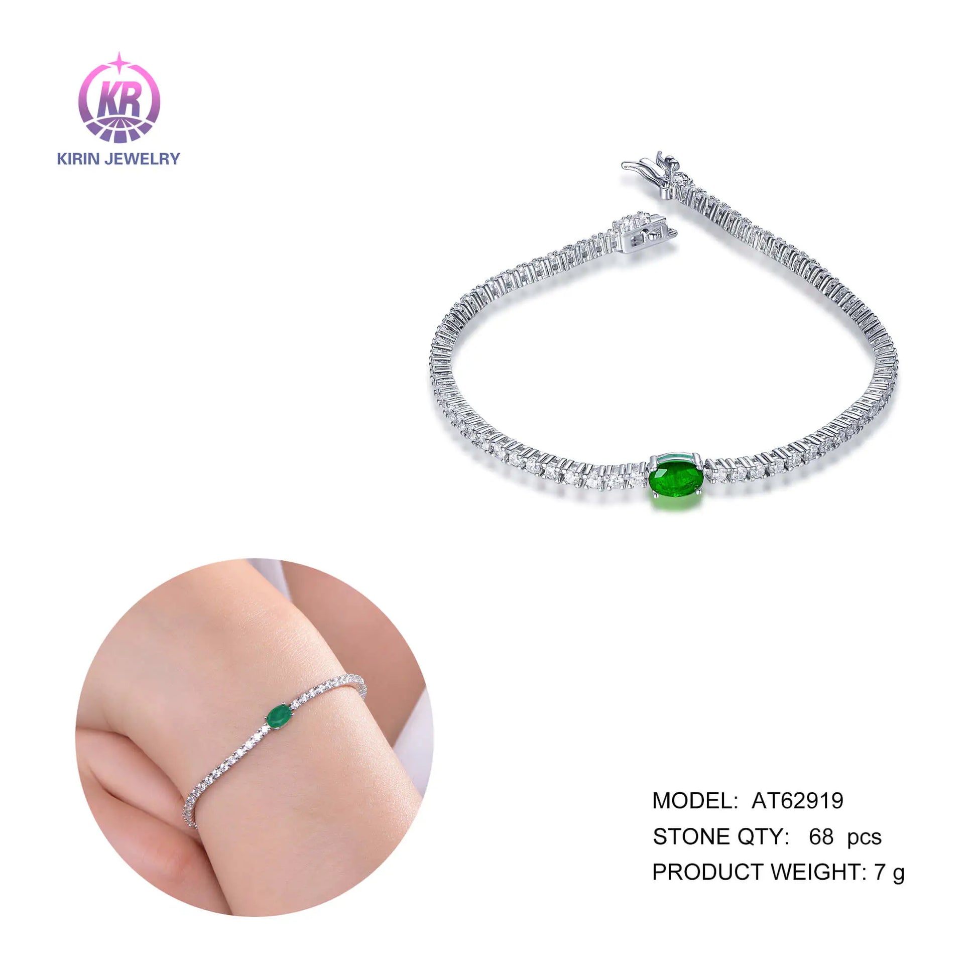 Wholesale 925 Silver CZ & Glass Oval Lab Emerald Tennis Chain Bracelet for Women