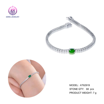 Wholesale 925 Silver CZ & Glass Oval Lab Emerald Tennis Chain Bracelet for Women