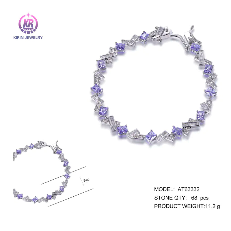 Wholesale 925 Silver CZ & Glass Purple White Gemstone Link Bracelet for Women
