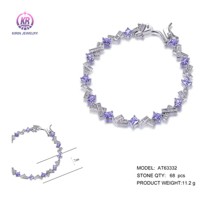 Wholesale 925 Silver CZ & Glass Purple White Gemstone Link Bracelet for Women