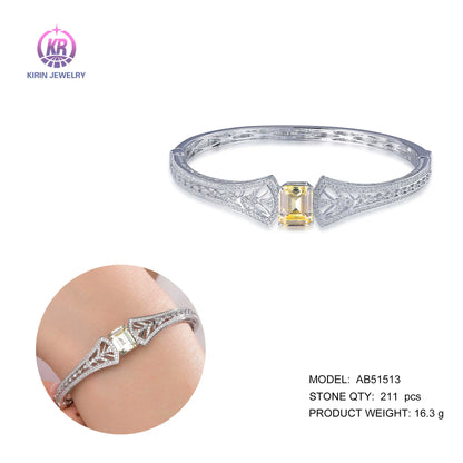 Wholesale 925 Silver CZ Hollow Out Lab Created Citrine Bangle Bracelet​ for Women