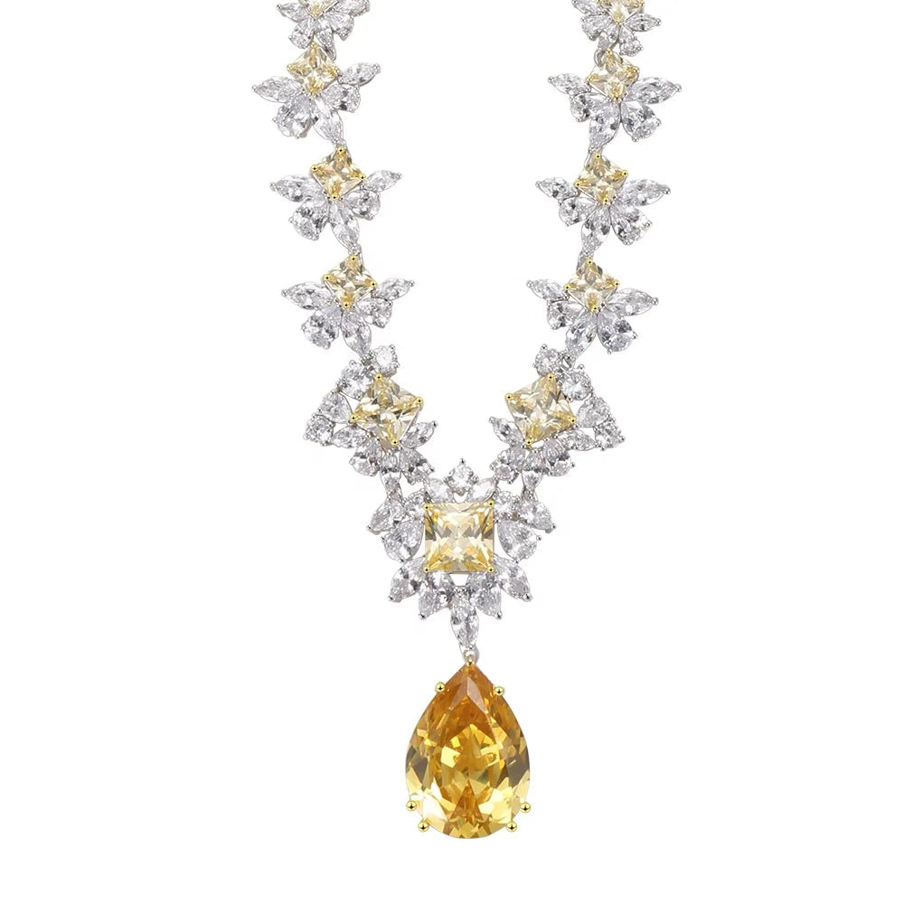 Wholesale 925 Silver CZ Lab Created Citrine Drop Flower Pendant Necklace