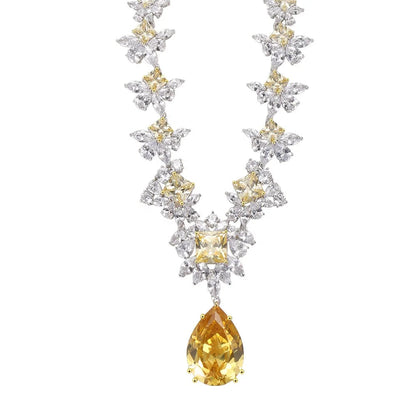 Wholesale 925 Silver CZ Lab Created Citrine Drop Flower Pendant Necklace