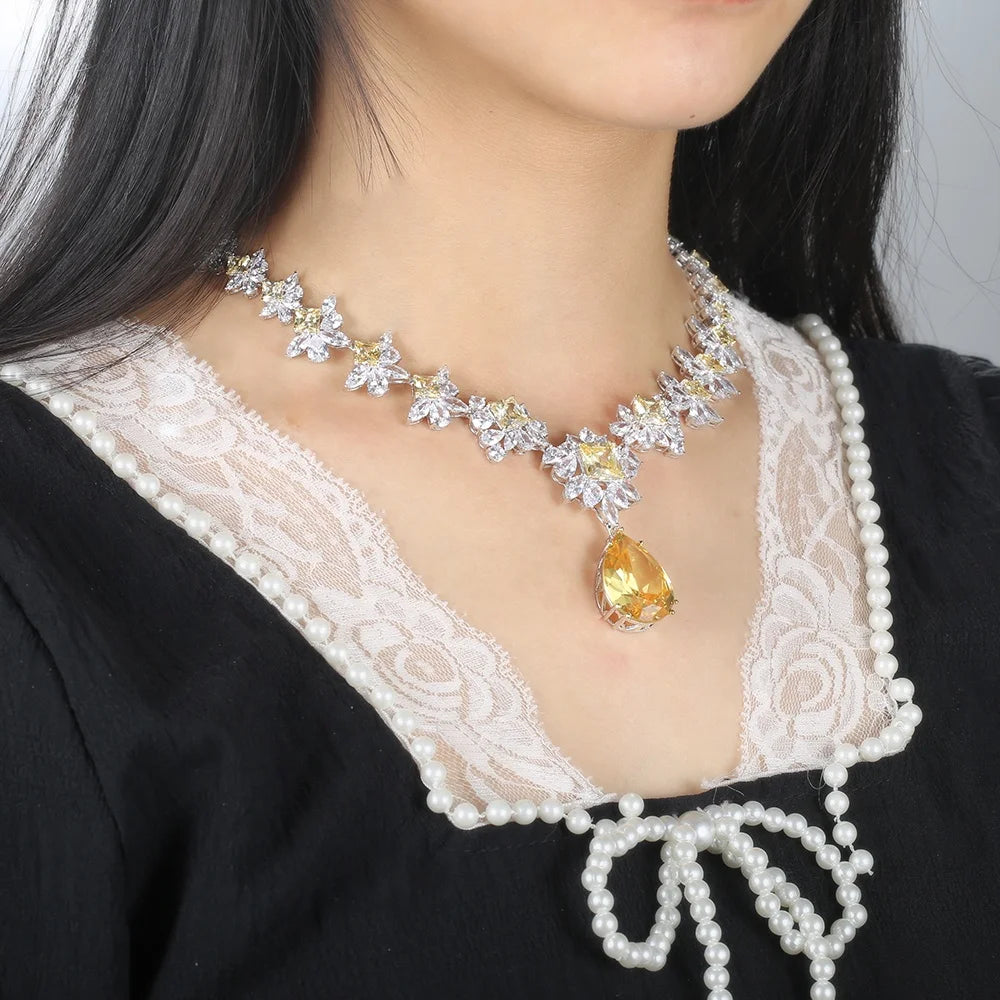 Wholesale 925 Silver CZ Lab Created Citrine Drop Flower Pendant Necklace for Women