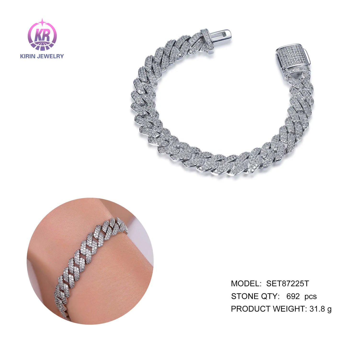 Wholesale 925 Silver CZ Lab Created Diamond Cuban Link Iced Out Bracelet for Women