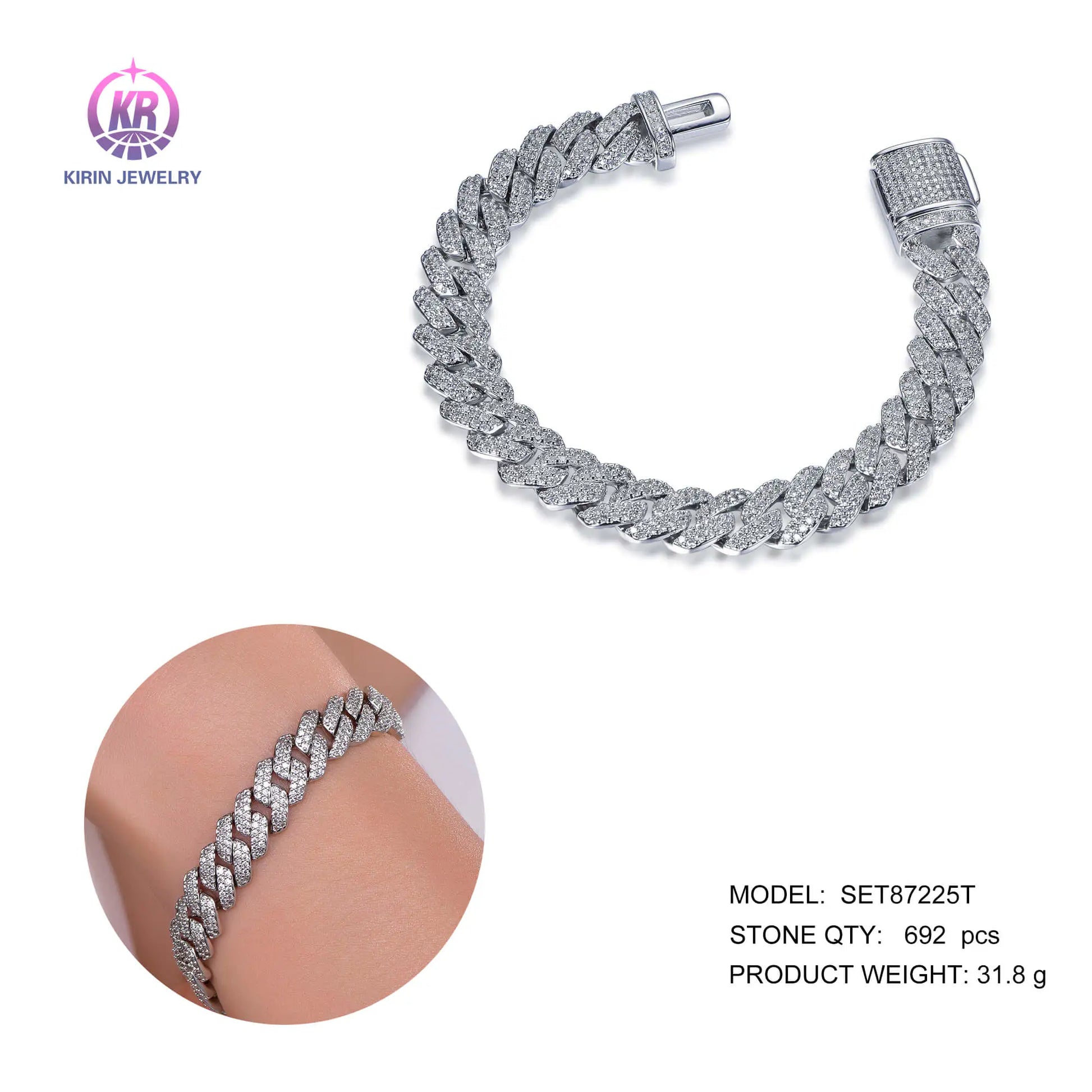 Wholesale 925 Silver CZ Lab Created Diamond Cuban Link Iced Out Bracelet for Women