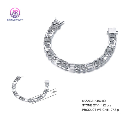 Wholesale 925 Silver CZ Simulated Diamond Statement Figaro Link Bracelet for Women