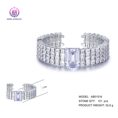 Wholesale 925 Silver Cubic Zircon 4 Row Statement Wide Cuff Bangle for Women