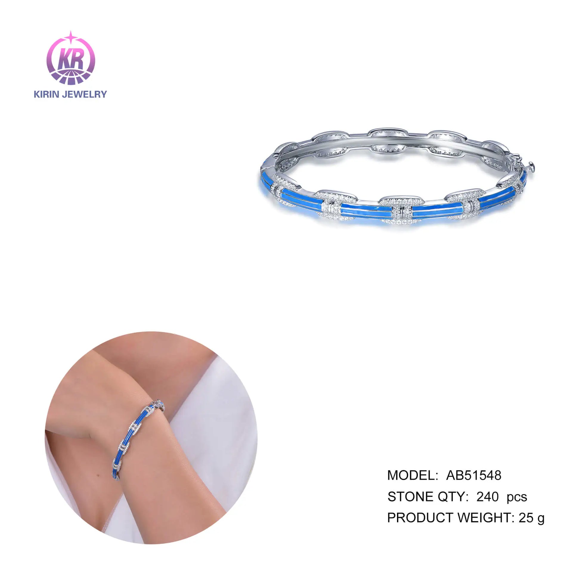 Wholesale 925 Silver Cubic Zircon & Blue Enamel Link Personalized Bangle for Women